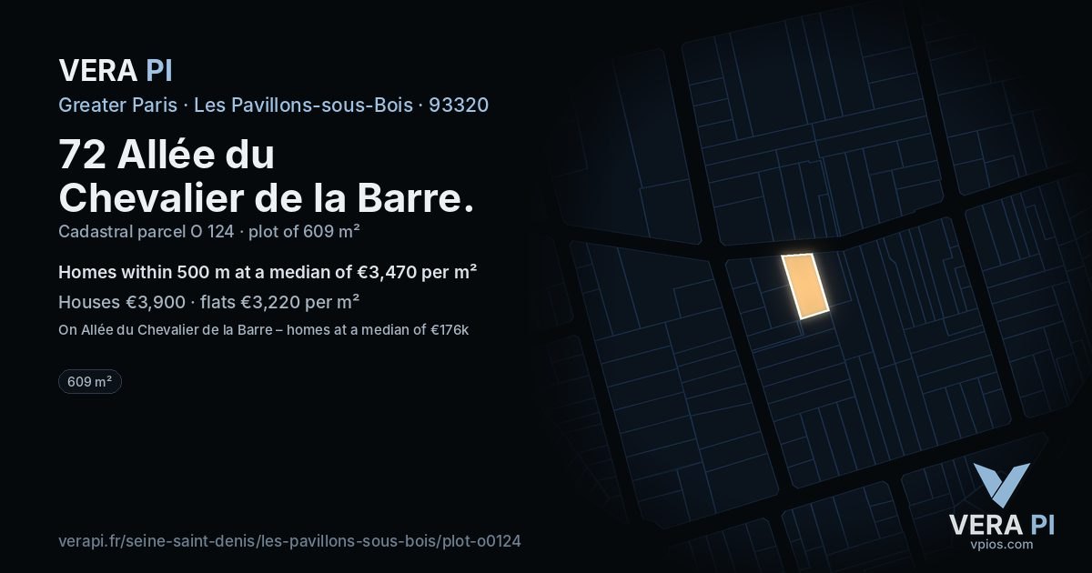 72 Allée du Chevalier de la Barre, Les Pavillons-sous-Bois at night – the plot lit, the parcels around coloured by the prices near them