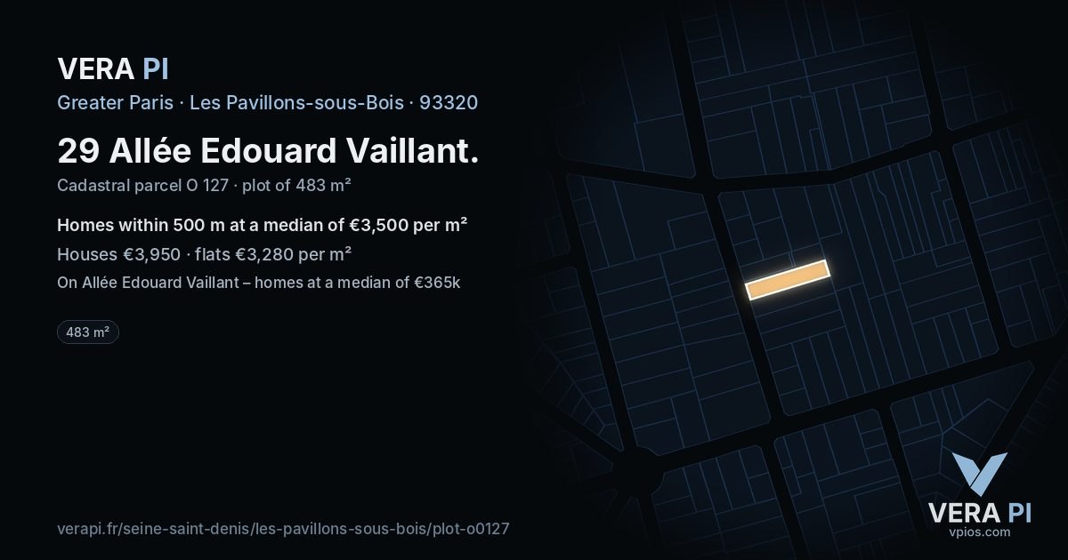29 Allée Edouard Vaillant, Les Pavillons-sous-Bois at night – the plot lit, the parcels around coloured by the prices near them