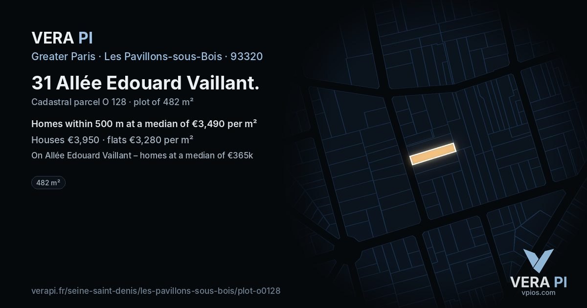 31 Allée Edouard Vaillant, Les Pavillons-sous-Bois at night – the plot lit, the parcels around coloured by the prices near them