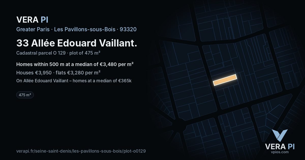 33 Allée Edouard Vaillant, Les Pavillons-sous-Bois at night – the plot lit, the parcels around coloured by the prices near them
