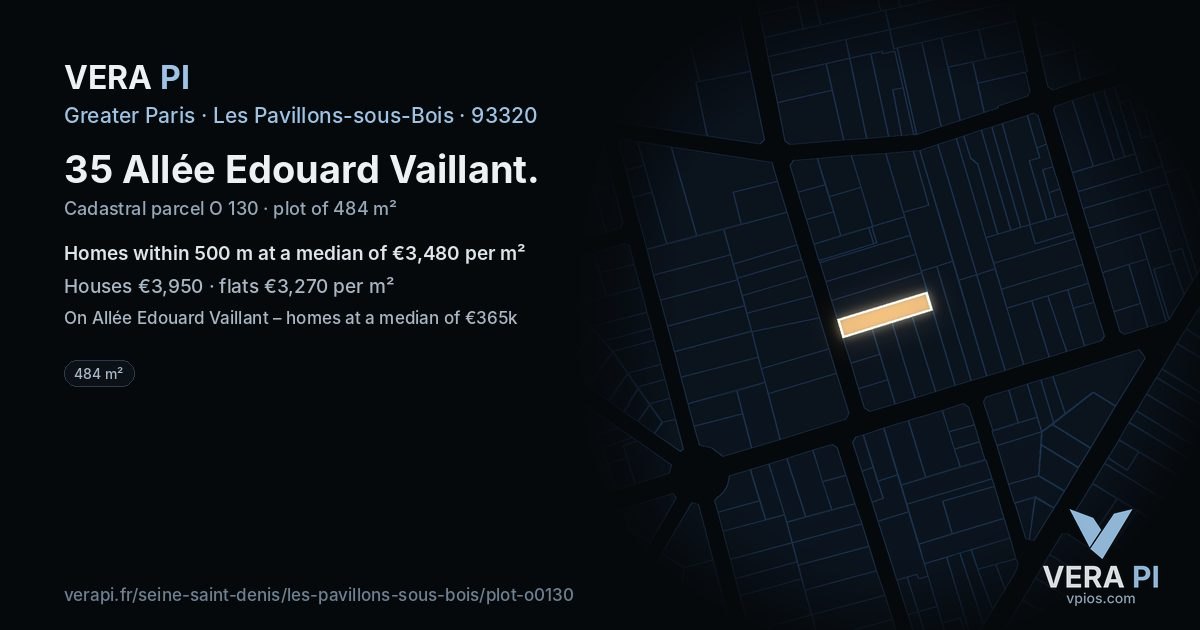 35 Allée Edouard Vaillant, Les Pavillons-sous-Bois at night – the plot lit, the parcels around coloured by the prices near them