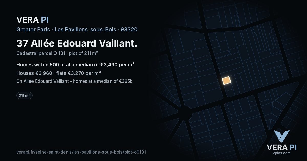 37 Allée Edouard Vaillant, Les Pavillons-sous-Bois at night – the plot lit, the parcels around coloured by the prices near them
