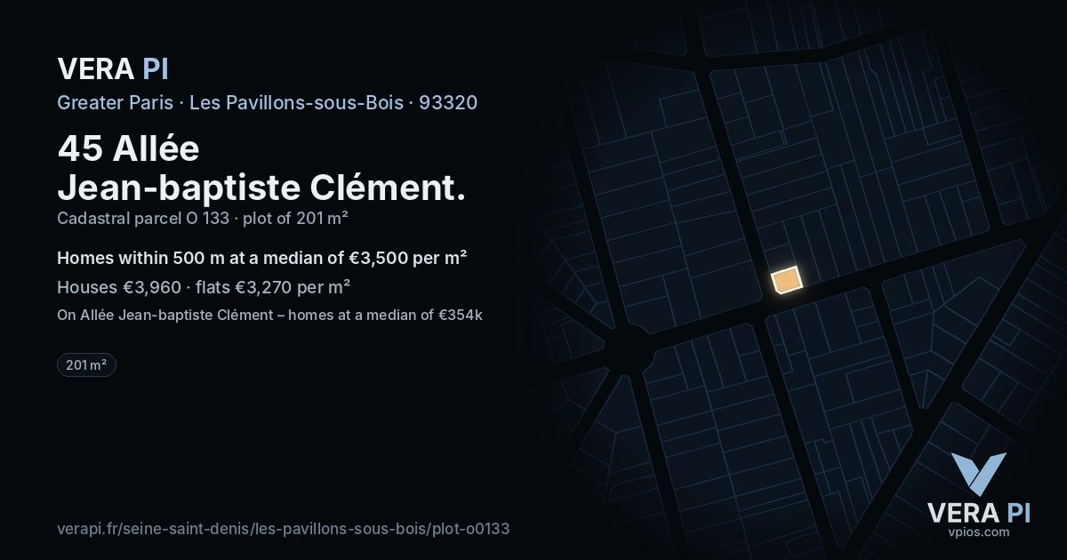 45 Allée Jean-baptiste Clément, Les Pavillons-sous-Bois at night – the plot lit, the parcels around coloured by the prices near them