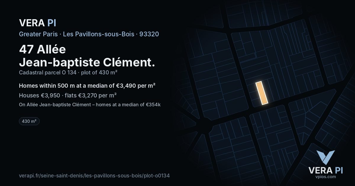 47 Allée Jean-baptiste Clément, Les Pavillons-sous-Bois at night – the plot lit, the parcels around coloured by the prices near them