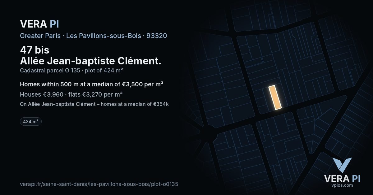 47 bis Allée Jean-baptiste Clément, Les Pavillons-sous-Bois at night – the plot lit, the parcels around coloured by the prices near them