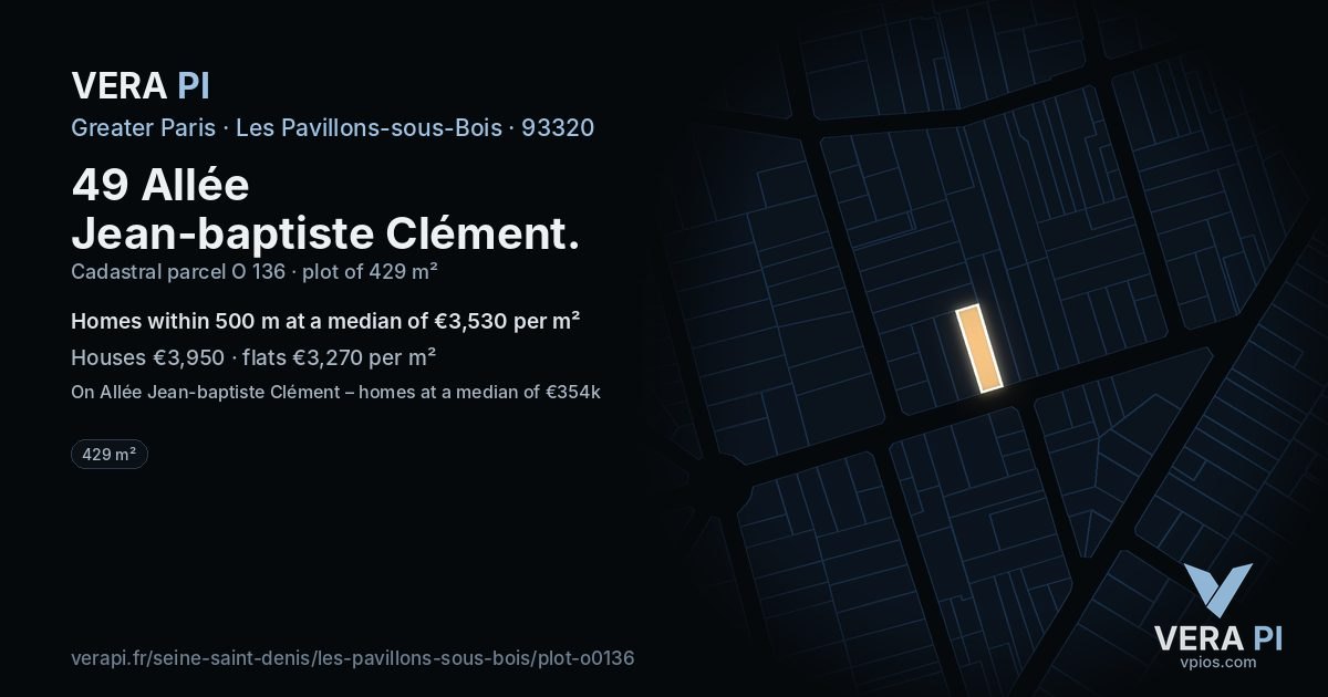 49 Allée Jean-baptiste Clément, Les Pavillons-sous-Bois at night – the plot lit, the parcels around coloured by the prices near them