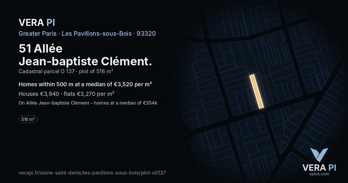 51 Allée Jean-baptiste Clément, Les Pavillons-sous-Bois at night – the plot lit, the parcels around coloured by the prices near them