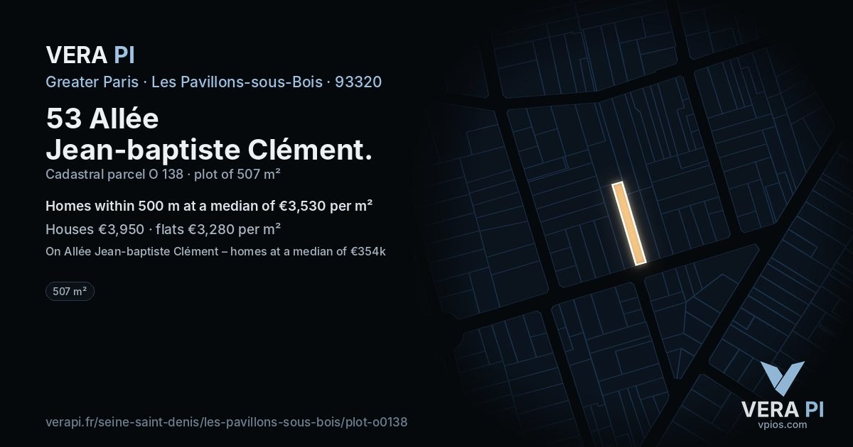 53 Allée Jean-baptiste Clément, Les Pavillons-sous-Bois at night – the plot lit, the parcels around coloured by the prices near them