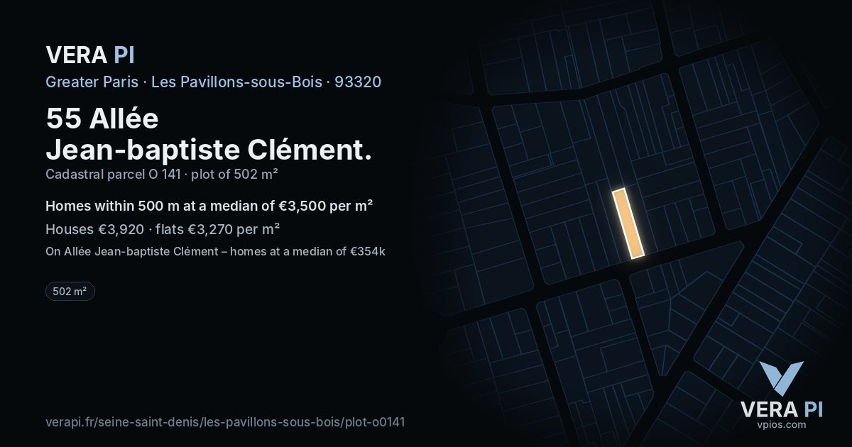55 Allée Jean-baptiste Clément, Les Pavillons-sous-Bois at night – the plot lit, the parcels around coloured by the prices near them