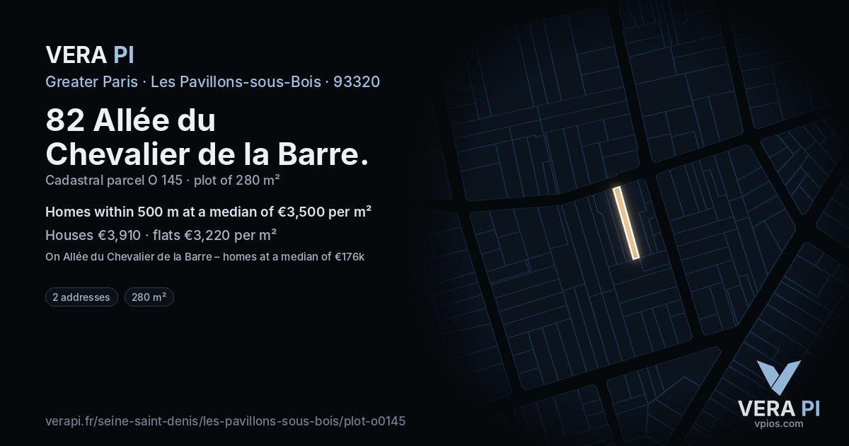82 Allée du Chevalier de la Barre, Les Pavillons-sous-Bois at night – the plot lit, the parcels around coloured by the prices near them