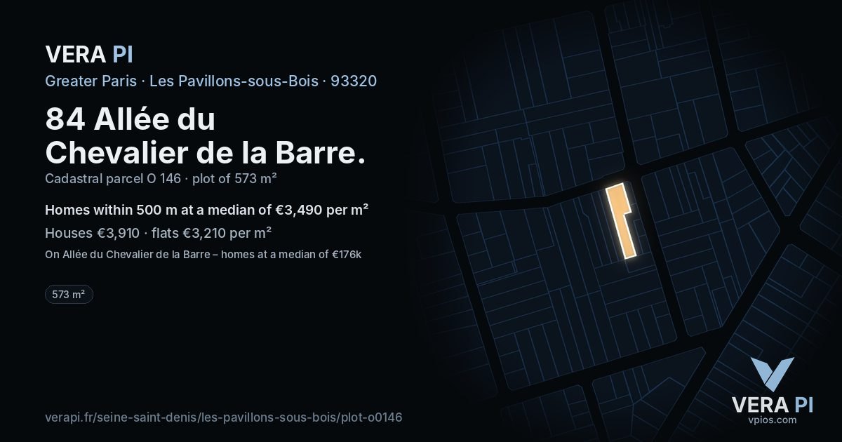 84 Allée du Chevalier de la Barre, Les Pavillons-sous-Bois at night – the plot lit, the parcels around coloured by the prices near them
