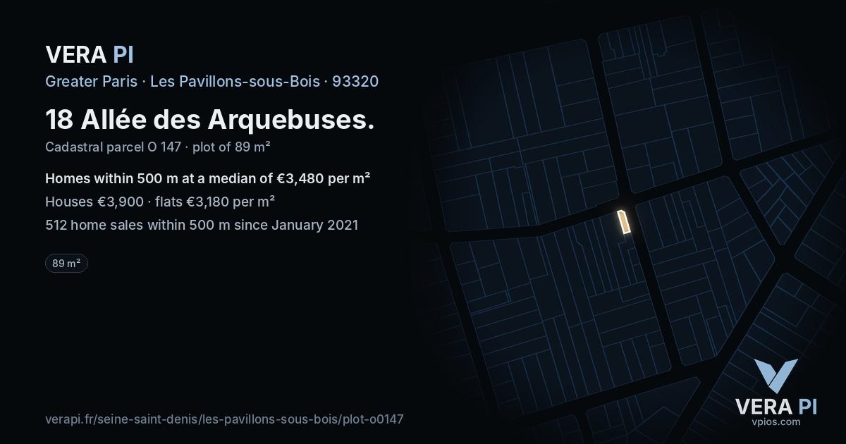 18 Allée des Arquebuses, Les Pavillons-sous-Bois at night – the plot lit, the parcels around coloured by the prices near them