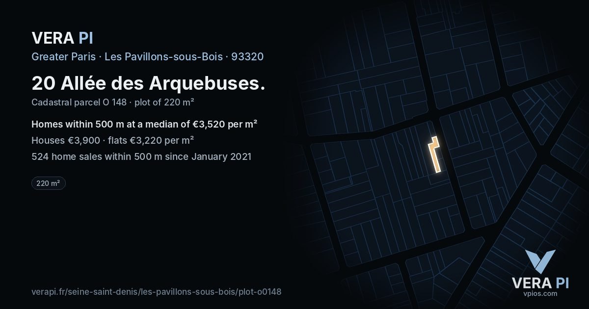 20 Allée des Arquebuses, Les Pavillons-sous-Bois at night – the plot lit, the parcels around coloured by the prices near them