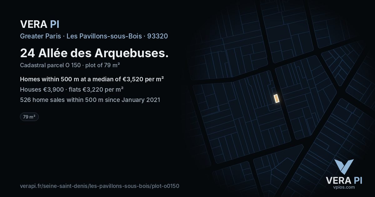 24 Allée des Arquebuses, Les Pavillons-sous-Bois at night – the plot lit, the parcels around coloured by the prices near them