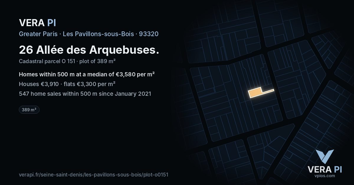 26 Allée des Arquebuses, Les Pavillons-sous-Bois at night – the plot lit, the parcels around coloured by the prices near them