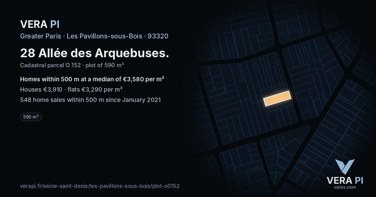 28 Allée des Arquebuses, Les Pavillons-sous-Bois at night – the plot lit, the parcels around coloured by the prices near them