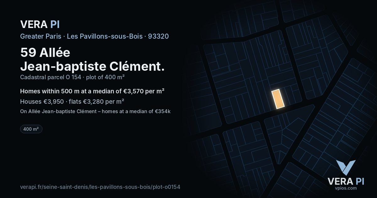 59 Allée Jean-baptiste Clément, Les Pavillons-sous-Bois at night – the plot lit, the parcels around coloured by the prices near them