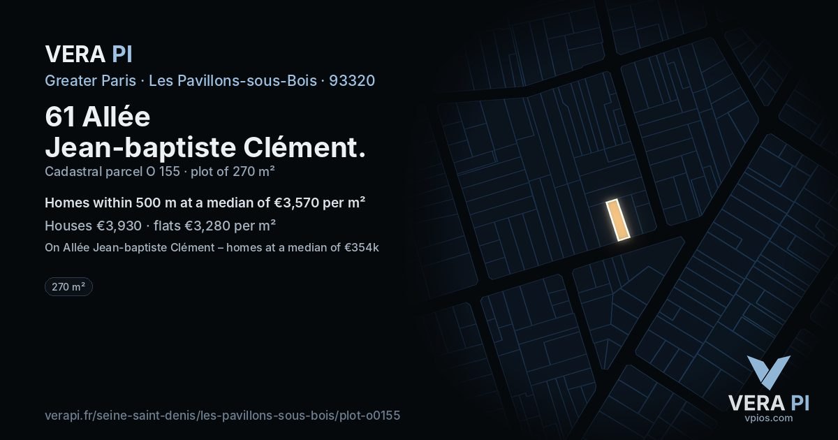 61 Allée Jean-baptiste Clément, Les Pavillons-sous-Bois at night – the plot lit, the parcels around coloured by the prices near them