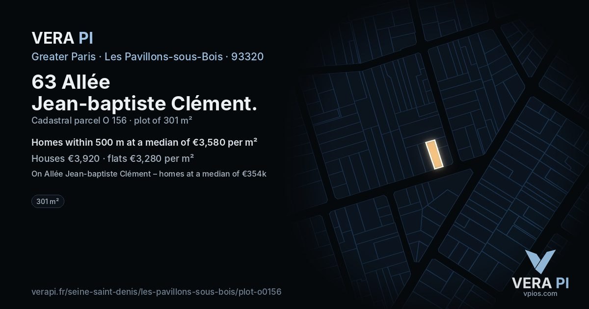 63 Allée Jean-baptiste Clément, Les Pavillons-sous-Bois at night – the plot lit, the parcels around coloured by the prices near them