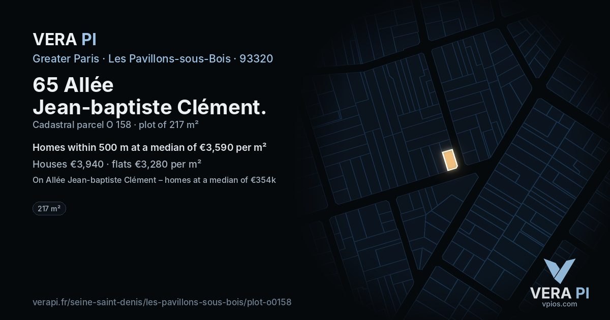 65 Allée Jean-baptiste Clément, Les Pavillons-sous-Bois at night – the plot lit, the parcels around coloured by the prices near them