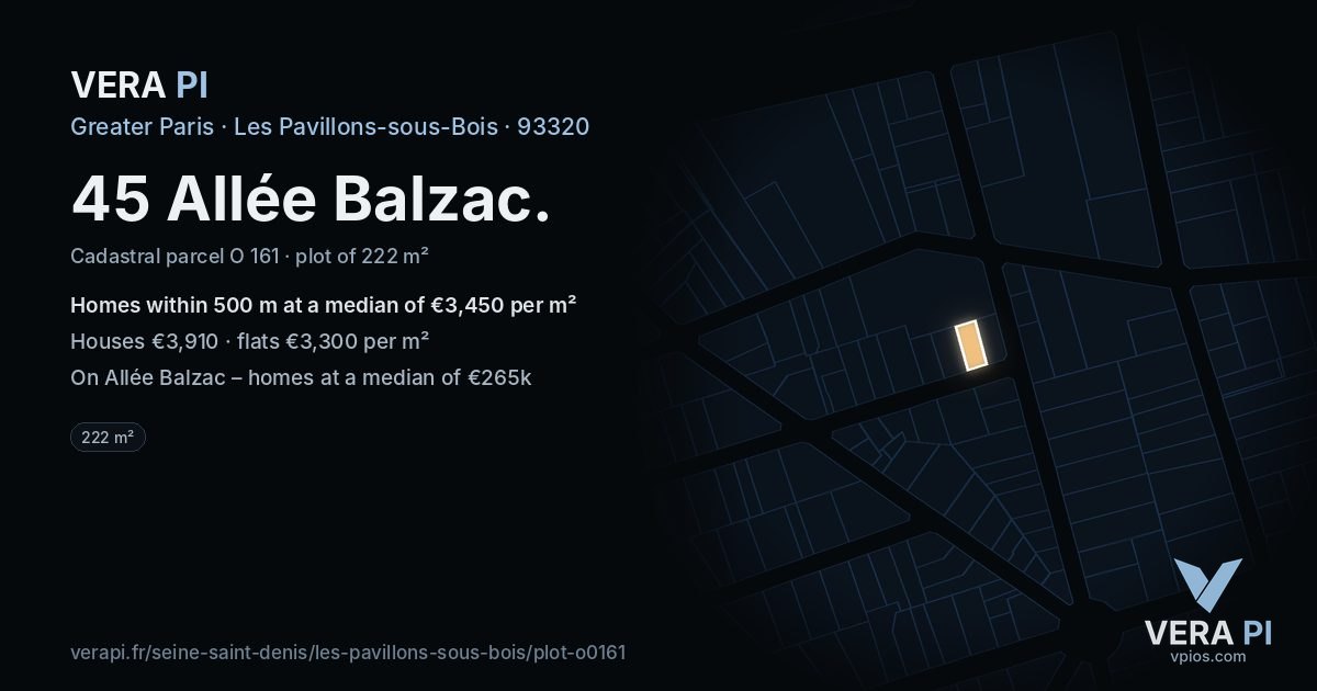 45 Allée Balzac, Les Pavillons-sous-Bois at night – the plot lit, the parcels around coloured by the prices near them