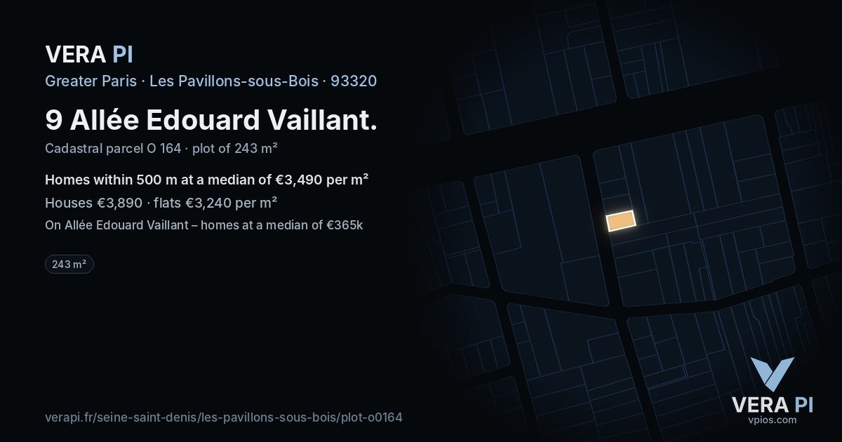 9 Allée Edouard Vaillant, Les Pavillons-sous-Bois at night – the plot lit, the parcels around coloured by the prices near them