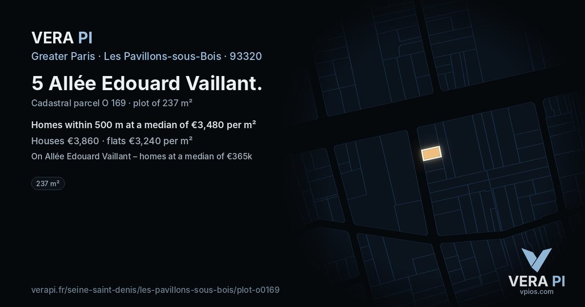 5 Allée Edouard Vaillant, Les Pavillons-sous-Bois at night – the plot lit, the parcels around coloured by the prices near them