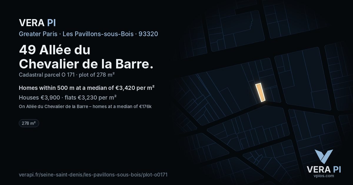 49 Allée du Chevalier de la Barre, Les Pavillons-sous-Bois at night – the plot lit, the parcels around coloured by the prices near them