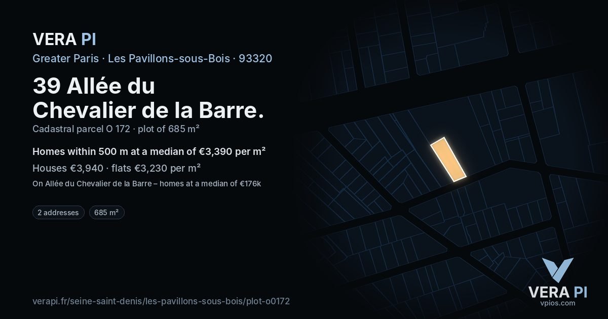 39 Allée du Chevalier de la Barre, Les Pavillons-sous-Bois at night – the plot lit, the parcels around coloured by the prices near them