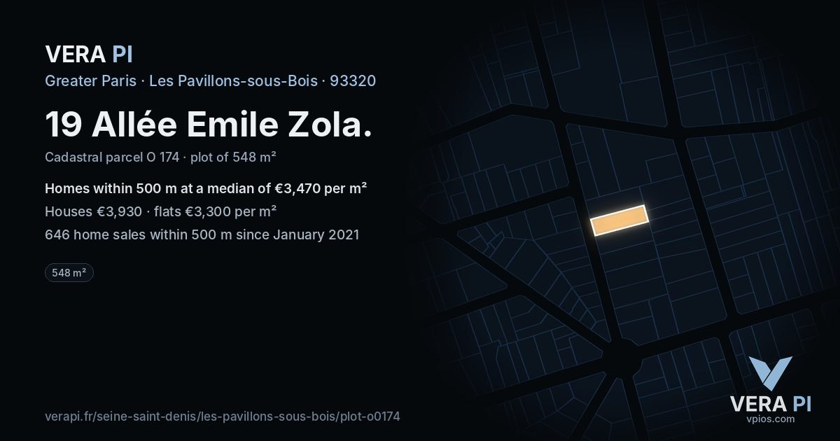 19 Allée Emile Zola, Les Pavillons-sous-Bois at night – the plot lit, the parcels around coloured by the prices near them