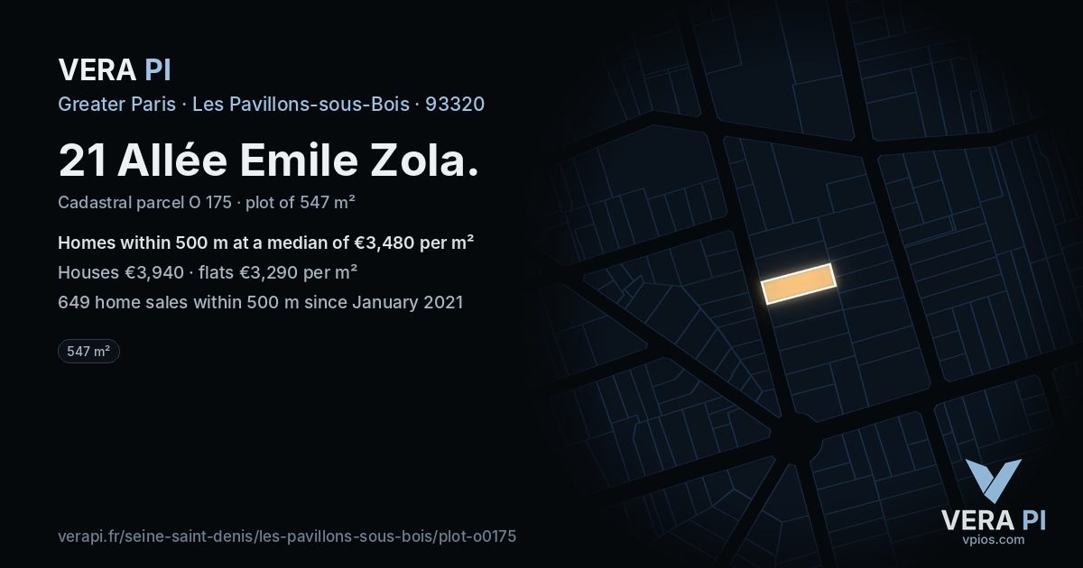21 Allée Emile Zola, Les Pavillons-sous-Bois at night – the plot lit, the parcels around coloured by the prices near them