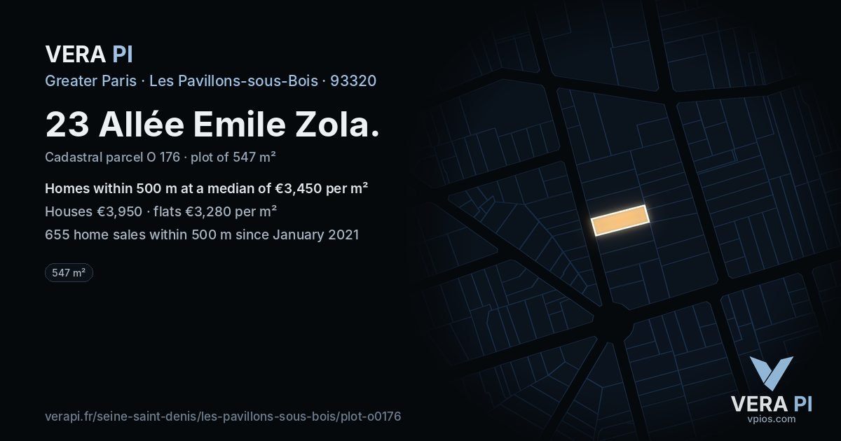 23 Allée Emile Zola, Les Pavillons-sous-Bois at night – the plot lit, the parcels around coloured by the prices near them