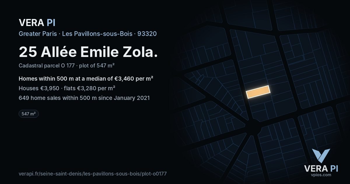 25 Allée Emile Zola, Les Pavillons-sous-Bois at night – the plot lit, the parcels around coloured by the prices near them