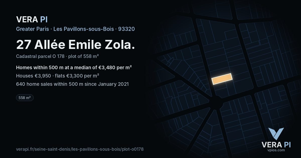 27 Allée Emile Zola, Les Pavillons-sous-Bois at night – the plot lit, the parcels around coloured by the prices near them