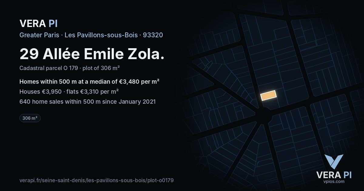29 Allée Emile Zola, Les Pavillons-sous-Bois at night – the plot lit, the parcels around coloured by the prices near them