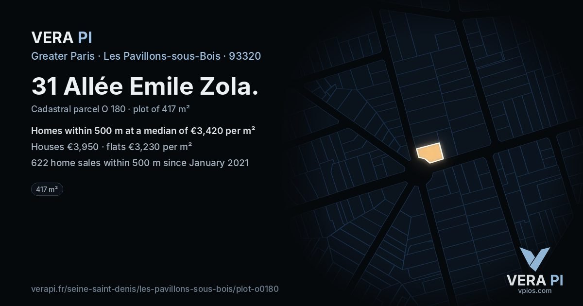 31 Allée Emile Zola, Les Pavillons-sous-Bois at night – the plot lit, the parcels around coloured by the prices near them