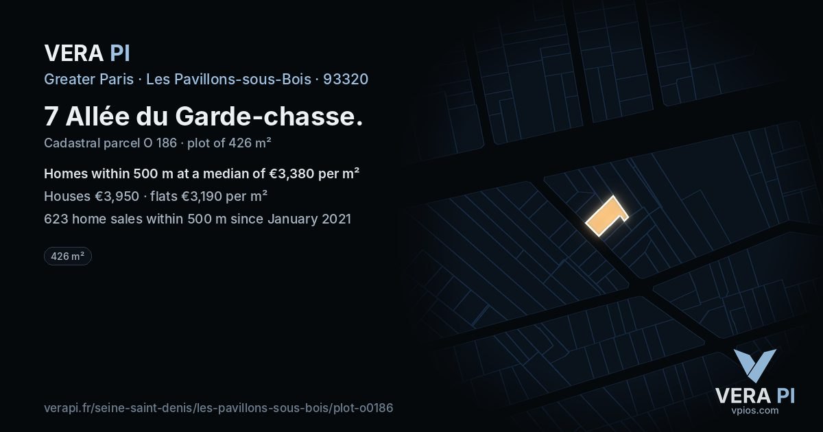 7 Allée du Garde-chasse, Les Pavillons-sous-Bois at night – the plot lit, the parcels around coloured by the prices near them