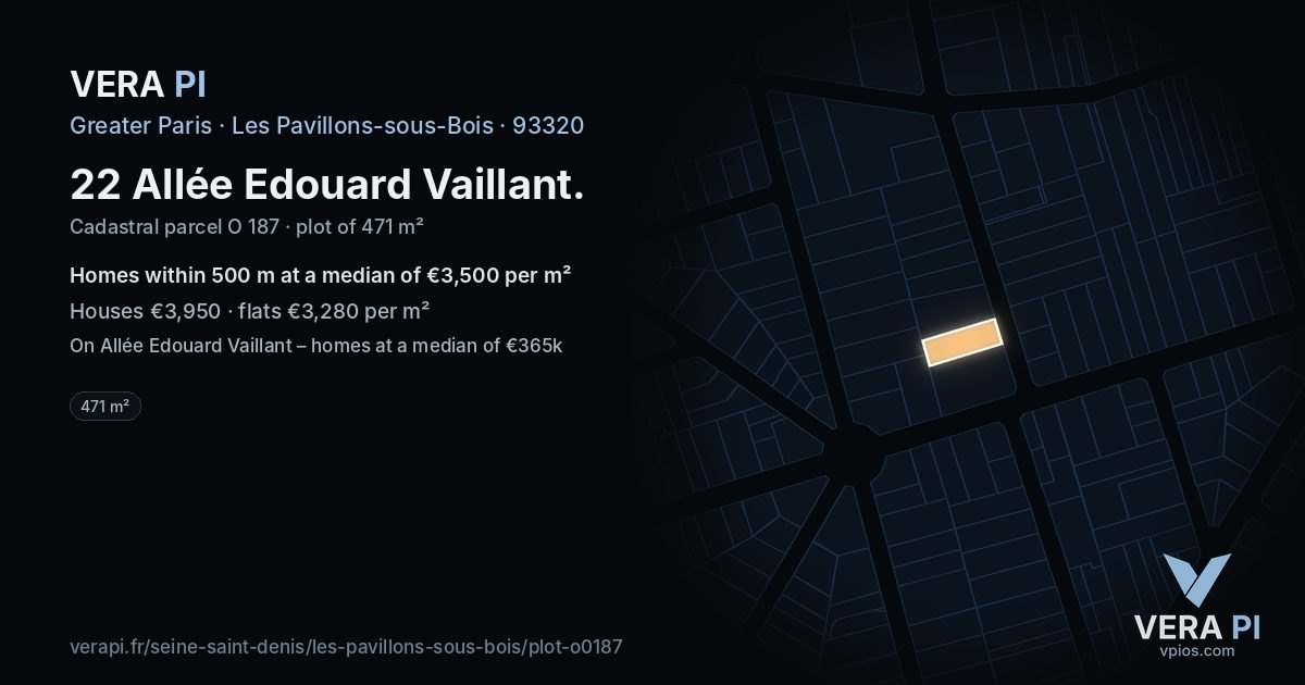 22 Allée Edouard Vaillant, Les Pavillons-sous-Bois at night – the plot lit, the parcels around coloured by the prices near them