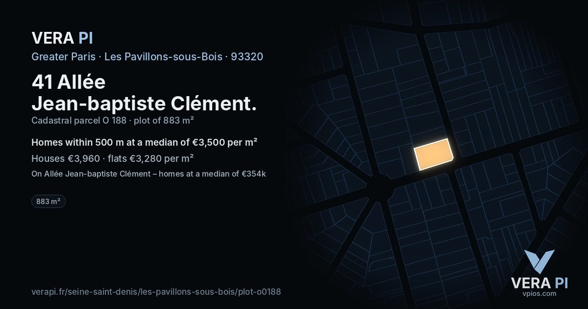 41 Allée Jean-baptiste Clément, Les Pavillons-sous-Bois at night – the plot lit, the parcels around coloured by the prices near them