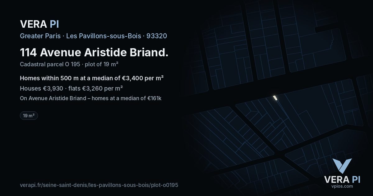 114 Avenue Aristide Briand, Les Pavillons-sous-Bois at night – the plot lit, the parcels around coloured by the prices near them
