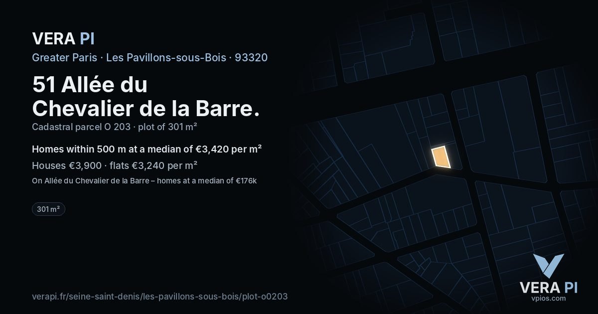 51 Allée du Chevalier de la Barre, Les Pavillons-sous-Bois at night – the plot lit, the parcels around coloured by the prices near them