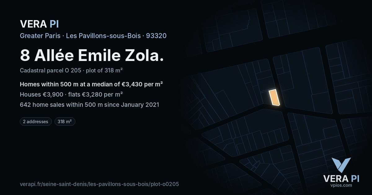 8 Allée Emile Zola, Les Pavillons-sous-Bois at night – the plot lit, the parcels around coloured by the prices near them