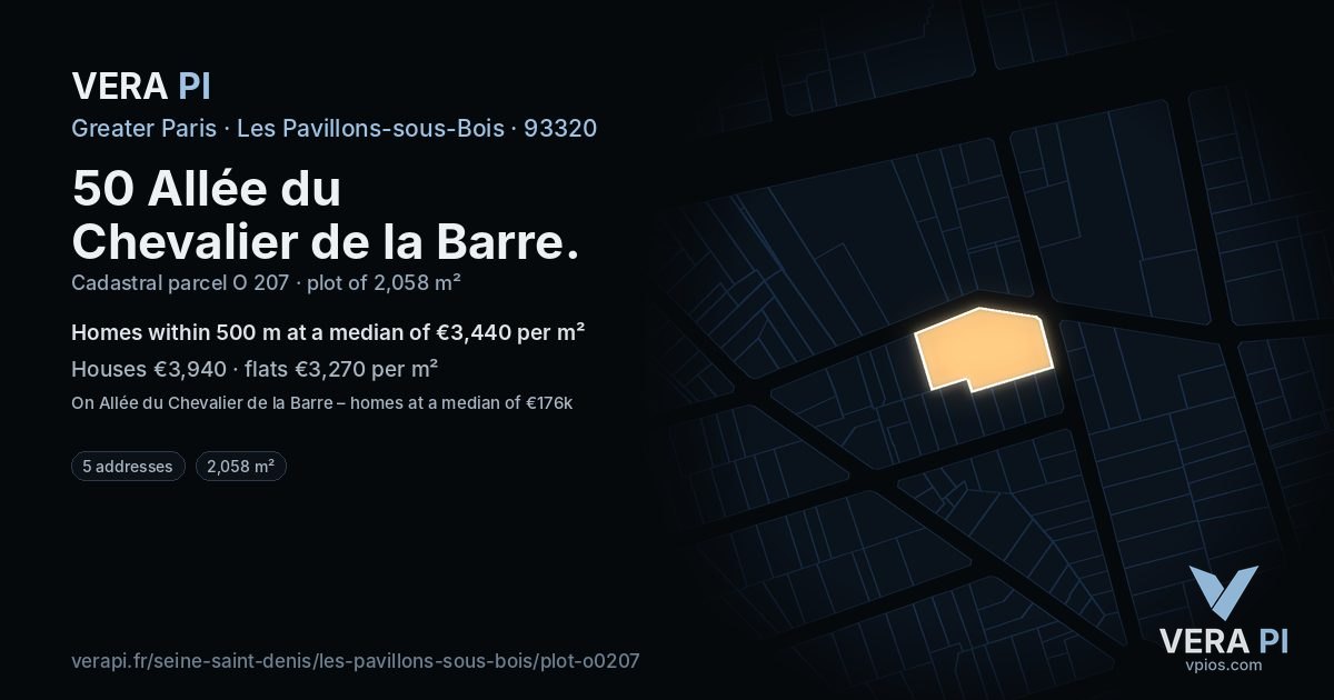 50 Allée du Chevalier de la Barre, Les Pavillons-sous-Bois at night – the plot lit, the parcels around coloured by the prices near them