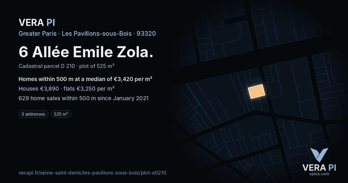 6 Allée Emile Zola, Les Pavillons-sous-Bois at night – the plot lit, the parcels around coloured by the prices near them