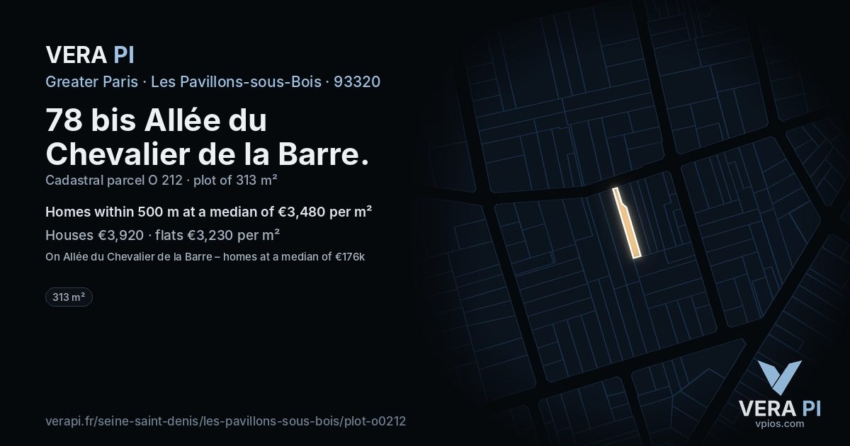 78 bis Allée du Chevalier de la Barre, Les Pavillons-sous-Bois at night – the plot lit, the parcels around coloured by the prices near them