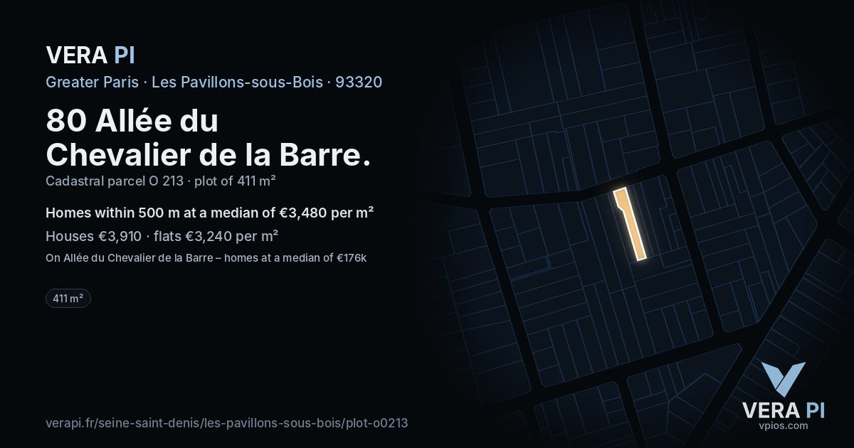 80 Allée du Chevalier de la Barre, Les Pavillons-sous-Bois at night – the plot lit, the parcels around coloured by the prices near them