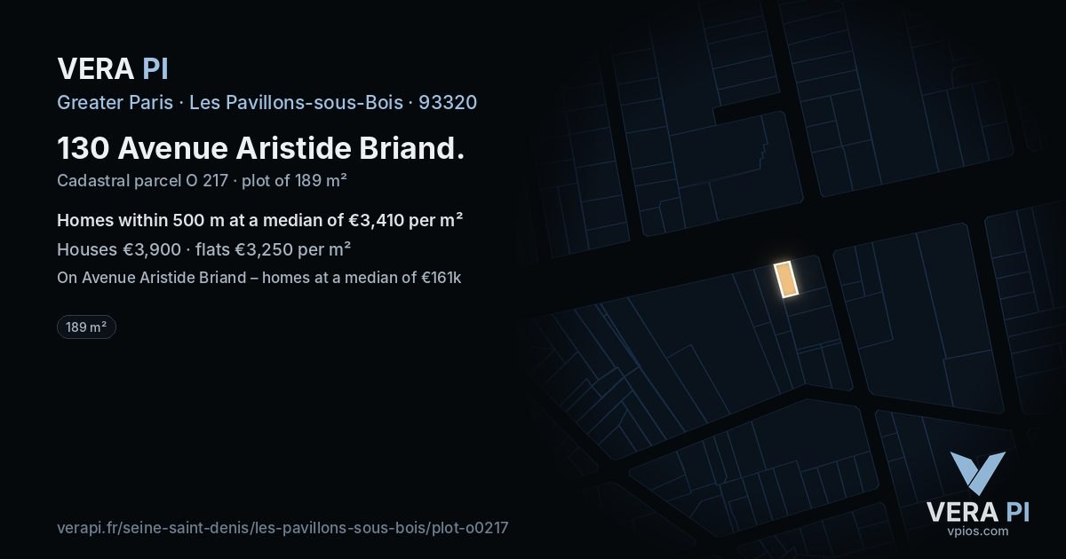 130 Avenue Aristide Briand, Les Pavillons-sous-Bois at night – the plot lit, the parcels around coloured by the prices near them