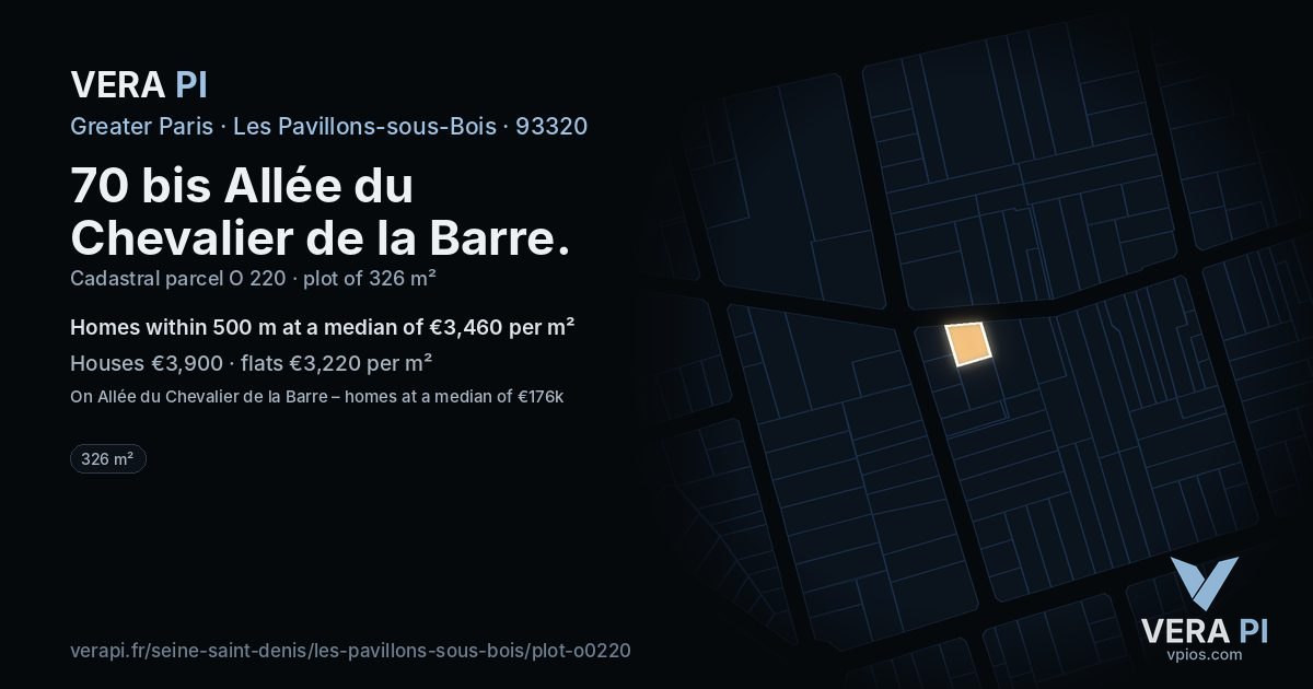 70 bis Allée du Chevalier de la Barre, Les Pavillons-sous-Bois at night – the plot lit, the parcels around coloured by the prices near them