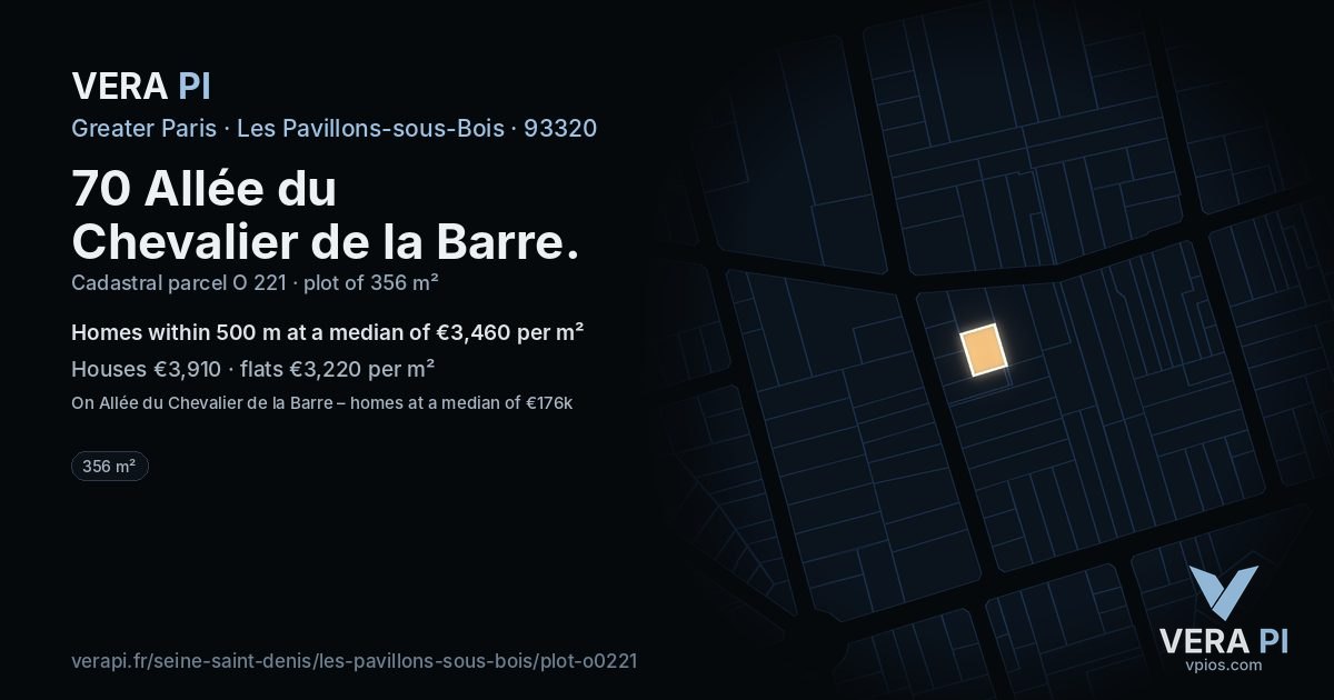 70 Allée du Chevalier de la Barre, Les Pavillons-sous-Bois at night – the plot lit, the parcels around coloured by the prices near them