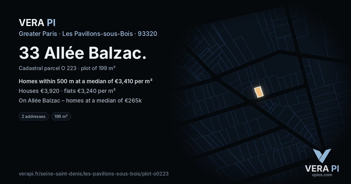 33 Allée Balzac, Les Pavillons-sous-Bois at night – the plot lit, the parcels around coloured by the prices near them